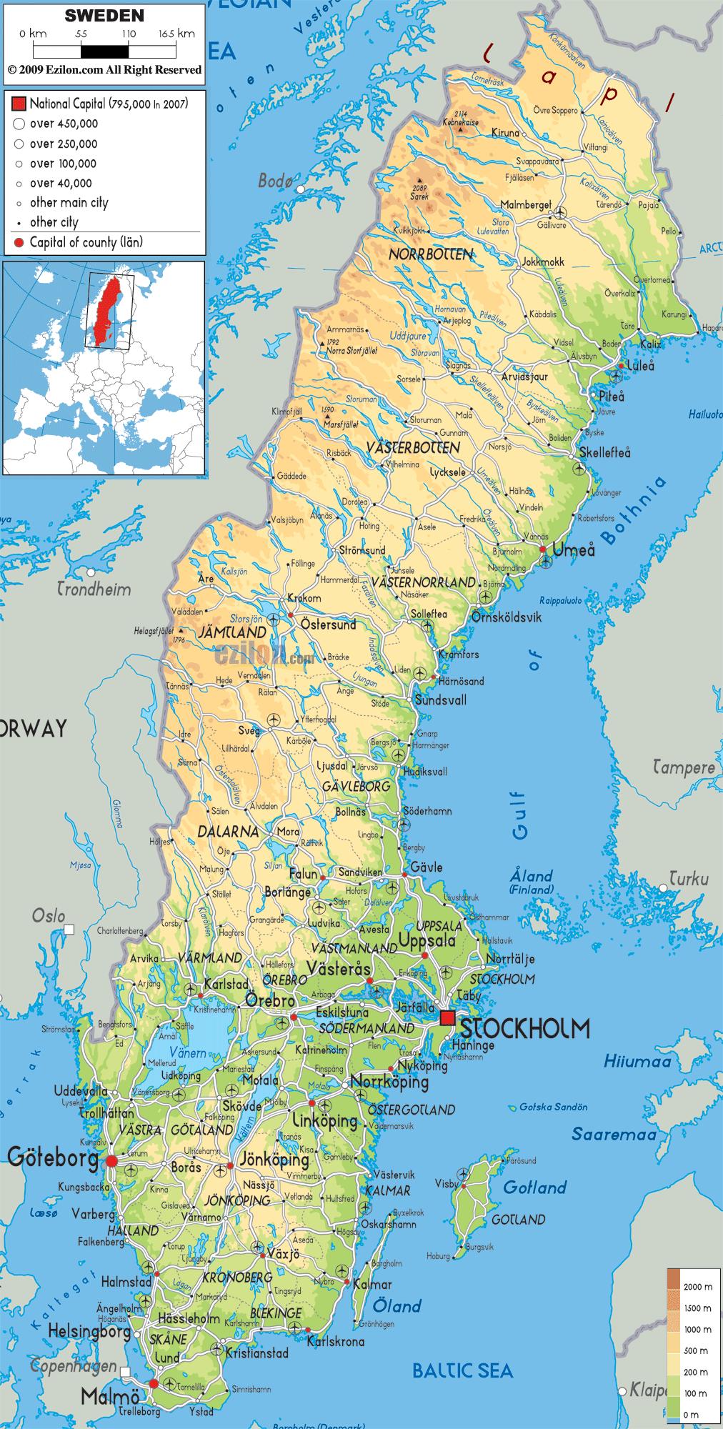 Sveriges geografi kort - Geografiske kort over Sverige (i det Nordlige
